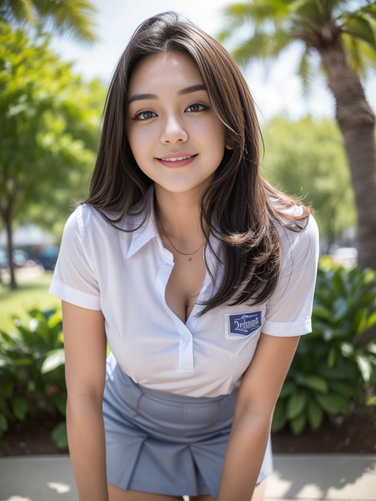 1girl, solo, (uniform), standing, outdoors, long shot, detailed face, seductive smile, detailed eyes, thick breasts, smooth skin, tight white shirt, grey blue short skirt, looking at the audience, low angle shot,(8k, RAW photo, best quality, masterpiece: 1.2), (realistic, realistic: 1.37), ultra-high resolution