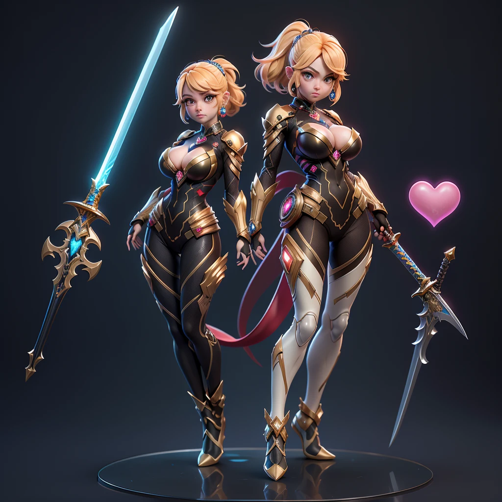 mini dragon,  独奏, ray tracing, 3D style, 3DMM, (3 poses per photo), fully body, (bodysuit branco),(dark dress), over all view,((3 poses per photo)), over all view, Hearts of the Kingdom style clothes,((3 poses in each photo)), over all view, Metroid, ((with futuristic sword)),Ultra-realistic skin, (big tits),((huge cleavage on the breasts)),((incredible look)),((impressive details)),((stellar blade))