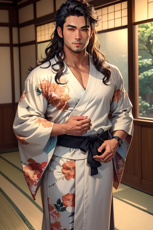 Close-up handsome very Japanese younger males,muscle,super and highly detailes,very 8k Japanese summer kimonos with Japanese prints patterns((absurdres, highres, ultra detailed)handsome, tall muscular Anime young man Japanese man full body figure kinda brawny muscular with black hair studious student likewithout glases in a very japanes male summer contemporary kimono yukata looking at the camera anime semi realiatic with different strking handsome features looks appearances that are moulded sculpted sculptured chiseled sharp angled angular broad high cheekbones full square jawed large almond shaped eyes light hazel amber or honey colors more round roundish eyed barely shoulder length wavy hair dark in a very Japanese Tokyo home almost male model like roundish oval like face medium darkish brown wavy hair