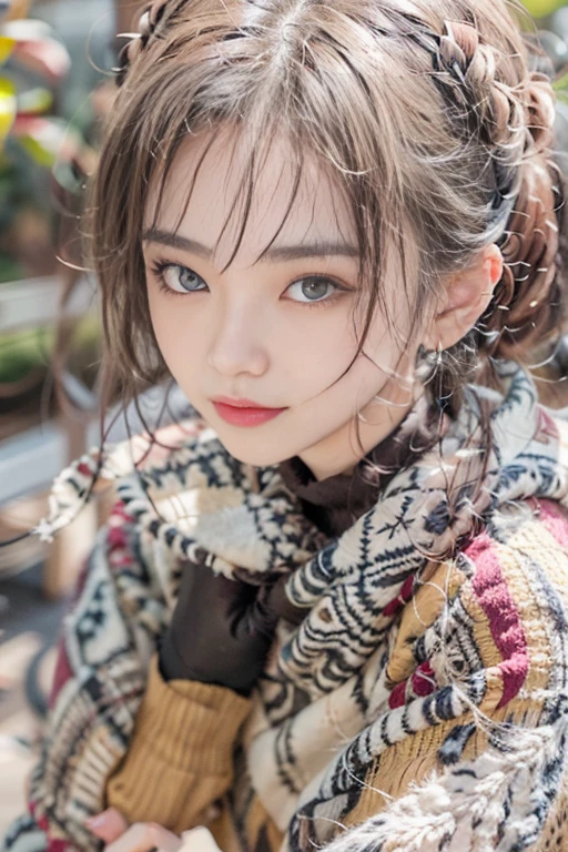 sitting on a park bench、(RAW shooting), (((Overall image)))、３５age、((Red sweater with high neck))、White scarf around neck、Long thin earrings、Round eyes、Cheek on ear、correct、make、smile、Biting the lower lip、Soft lips、誘惑的なsmile、Sparkle、Darker lipstick、Cheek on nose、(Autumn leaves)、((Watery eyes))、Asymmetrical Hair、Real Skin、Blonde Hair、Very realistic,Gray Hair、Messy Hair、Hair behind the ear、Floating Hair、Short Hair、Boyish Hair、Blunt bangs、Drop Shadow、Hyperrealism、Contemporary Art、shine、reflected light、Ultra Wide Angle、16K、Super detailed、最high quality、uhd、Anatomically correct、Awards、最high quality、Ultra high detail、high quality、High resolution、Textured skin、correct、masterpiece、((Cold Pose：1))、(((Shoot from different distances and angles:1.5)))、Super close-up of the face