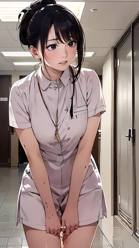 (depicting a single moment from a manga for adults), (hand-drawn), ((manga-style background)), (a nurse, nurse-uniform with stai...