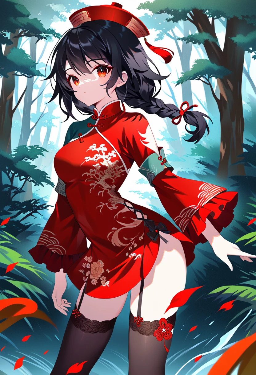 BREAK Perfect Anatomy、(High resolution:1.2)、Incredible illustrations、(Cute illustrations:1.2)、() （Beautiful background(forest)) 1 girl(Black hair, long hair, single braid, red eyes,tattoos, )(young adult woman:2.0)
Long ruffled sleeves, jiangshi cheongsam dress, garter stockings