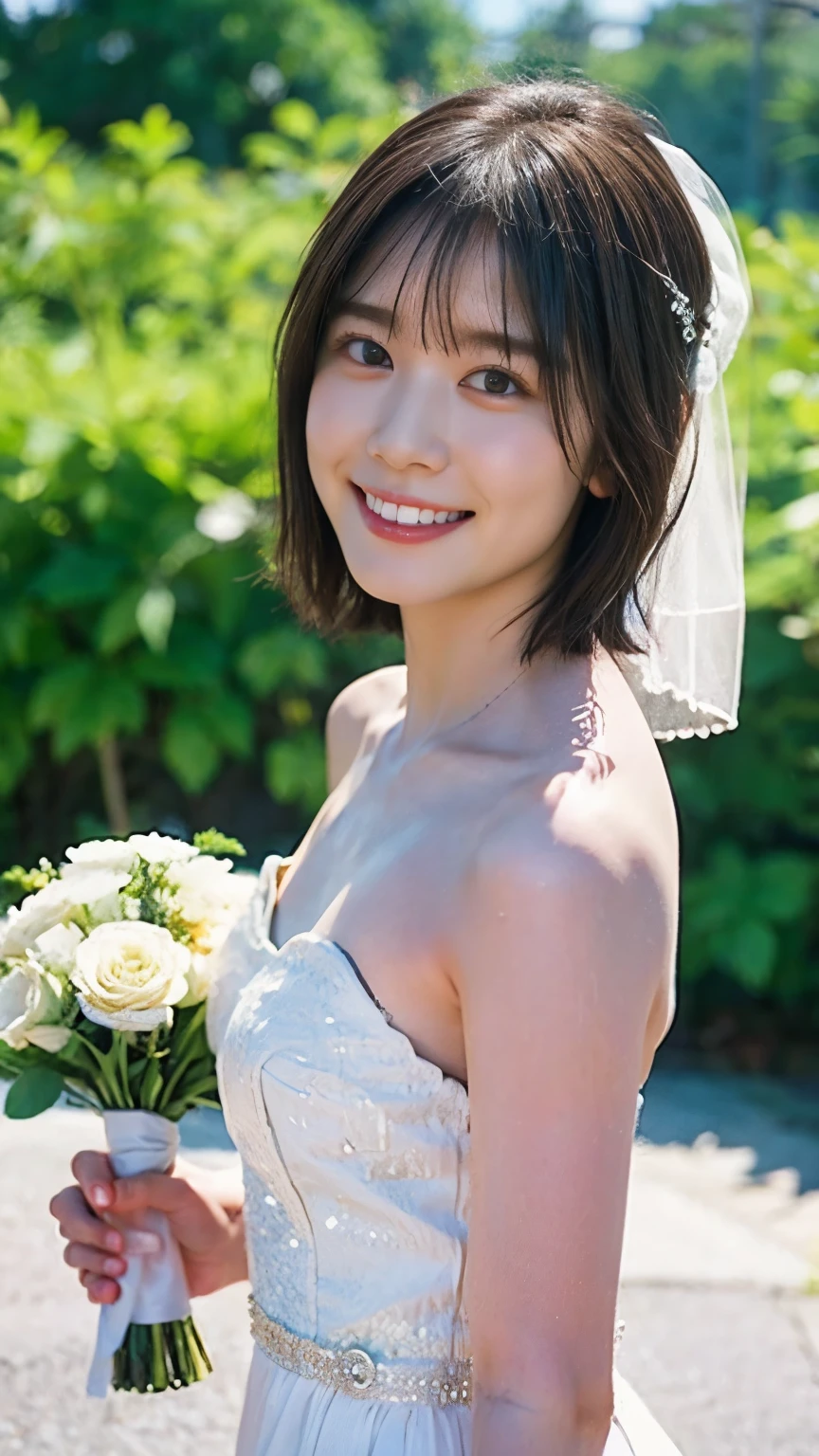 (8k、RAW Photos、Highest quality、masterpiece:1.2)、(Realistic、Realistic)、1 girl、((Wedding dress、Chapel、Short Bob、View from the front、smile、Look at the camera and smile、stand))、cute、Small breasts