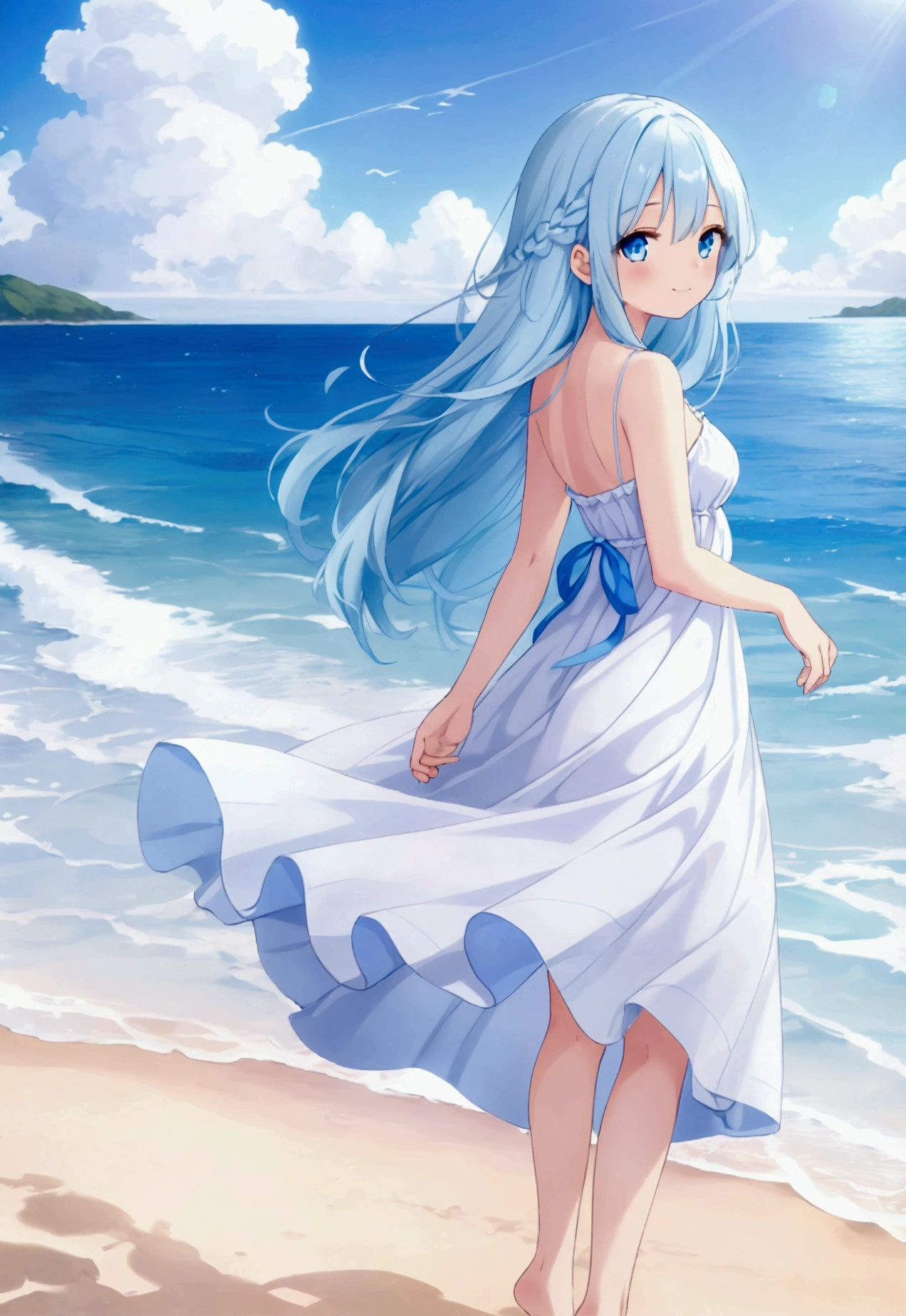 13 year old girl, long light blue hair, wearing a blue and white beach dress, gentle smile, blue eyes, standing on a beach, sunshine, bright sky, her hands behind her back, her hair and dress being blown gently by the wind