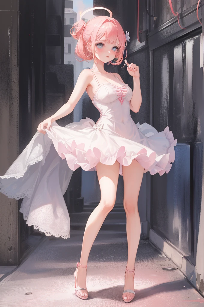 extremely cute beautiful busty girl, with extremely fair shiny skin, pink blushes, big blue eyes, pink lips, long blonde bang hair, plain expression, wearing a short revealing white floral dress, age 20, heels, red ribbon on hair, face close up, empty road in background, day time.
