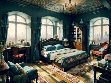 8k picture quality，best quality，masterpiece，hd，super rich detail，detailed，cosy bedroom，big windows，floor-to-ceiling windows，big ...