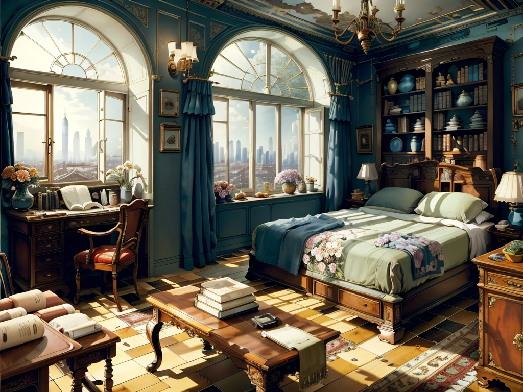 8K picture quality，best quality，masterpiece，HD，Super rich detail，detailed，Cosy bedroom，Big windows，Floor-to-ceiling windows，Big bed，notebook，There is a cabinet next to it，There are chairs，There are flowers，There is a wardrobe，Bookcase bookshelf many books，There is a sofa，There is a table and chairs，There are a lot of books，There was a full queen size bed，The body is very comfortable，extremely clean，Very informative，Big windows，超大Floor-to-ceiling windows，Outside the window is the scenery of high-rise buildings and city streets