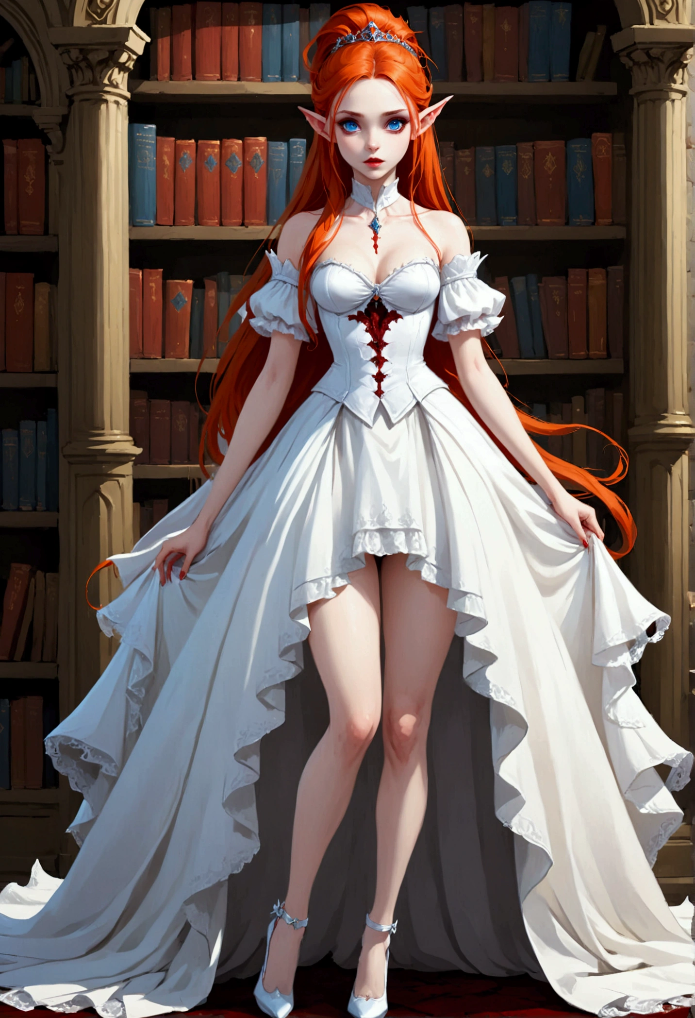 arafed a picture of elf vampire in her castle. an exquisite beautiful female elf vampire (ultra details, Masterpiece, best quality), full body, ((anatomically correct: 1.5) bloody mouth, orange hair, pale skin, hair in a ponytail, long hair, blue eyes, (small pointed ears: 1.2), cold eyes, smirking, wearing white dress (ultra details, Masterpiece, best quality), red cloak, wearing high heels, in dark fantasy library, book shelves, vibrant, Ultra-high resolution, High Contrast, (masterpiece:1.5), highest quality, Best aesthetics), best details, best quality, highres, ultra wide angle, 16k, [ultra detailed], masterpiece, best quality, (extremely detailed) RAW, dark fantasy art, gothic art, wearing Haute_Couture designer dress, Dark Novel, Dark Art Painting Style, dripping blood, hud_s1n, short black dress, long sleeves, veil, thighhighs, digital painting