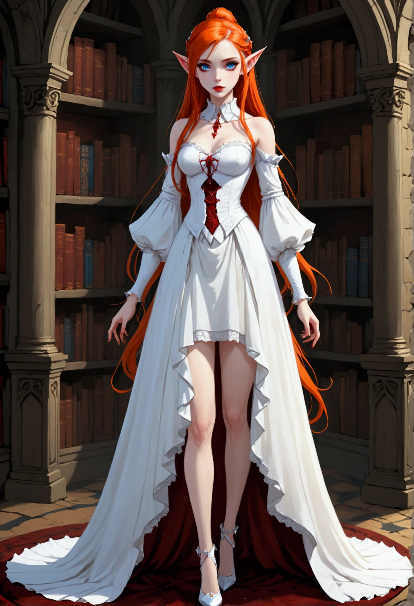 arafed a picture of elf vampire in her castle. an exquisite beautiful female elf vampire (ultra details, Masterpiece, best quality), full body, ((anatomically correct: 1.5) bloody mouth, orange hair, pale skin, hair in a ponytail, long hair, blue eyes, (small pointed ears: 1.2), cold eyes, smirking, wearing white dress (ultra details, Masterpiece, best quality), red cloak, wearing high heels, in dark fantasy library, book shelves, vibrant, Ultra-high resolution, High Contrast, (masterpiece:1.5), highest quality, Best aesthetics), best details, best quality, highres, ultra wide angle, 16k, [ultra detailed], masterpiece, best quality, (extremely detailed) RAW, dark fantasy art, gothic art, wearing Haute_Couture designer dress, Dark Novel, Dark Art Painting Style, dripping blood, hud_s1n, short black dress, long sleeves, veil, thighhighs, digital painting