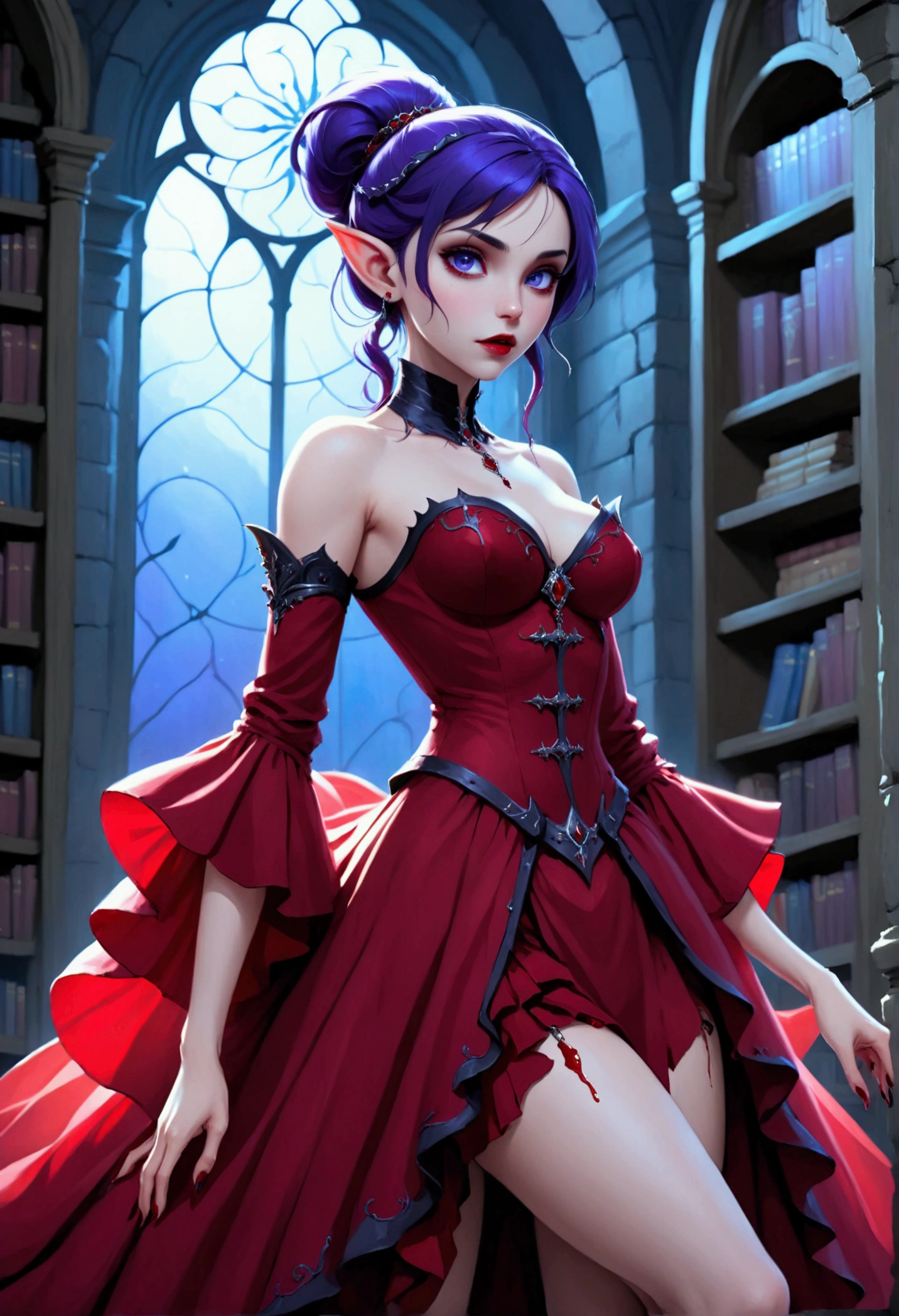 arafed a picture of elf vampire in her castle. an exquisite beautiful female elf vampire (ultra details, Masterpiece, best quality), full body, ((anatomically correct: 1.5) bloody mouth, purple hair, pale skin, hair in a ponytail, long hair, blue eyes, (small pointed ears: 1.2), cold eyes, smirking, wearing red dress (ultra details, Masterpiece, best quality), red cloak, wearing high heels, in dark fantasy library, book shelves, vibrant, Ultra-high resolution, High Contrast, (masterpiece:1.5), highest quality, Best aesthetics), best details, best quality, highres, ultra wide angle, 16k, [ultra detailed], masterpiece, best quality, (extremely detailed) RAW, dark fantasy art, gothic art, wearing Haute_Couture designer dress, Dark Novel, Dark Art Painting Style, dripping blood, hud_s1n, short black dress, long sleeves, veil, thighhighs, digital painting