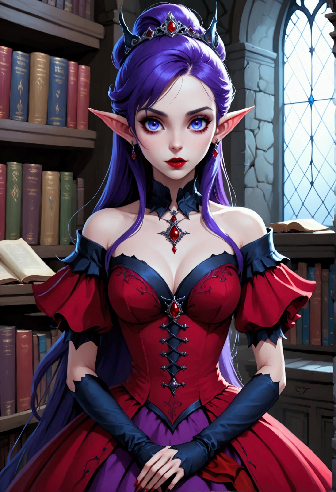 arafed a picture of elf vampire in her castle. an exquisite beautiful female elf vampire (ultra details, Masterpiece, best quality), full body, ((anatomically correct: 1.5) bloody mouth, purple hair, pale skin, hair in a ponytail, long hair, blue eyes, (small pointed ears: 1.2), cold eyes, smirking, wearing red dress (ultra details, Masterpiece, best quality), red cloak, wearing high heels, in dark fantasy library, book shelves, vibrant, Ultra-high resolution, High Contrast, (masterpiece:1.5), highest quality, Best aesthetics), best details, best quality, highres, ultra wide angle, 16k, [ultra detailed], masterpiece, best quality, (extremely detailed) RAW, dark fantasy art, gothic art, wearing Haute_Couture designer dress, Dark Novel, Dark Art Painting Style, dripping blood, hud_s1n, short black dress, long sleeves, veil, thighhighs, digital painting