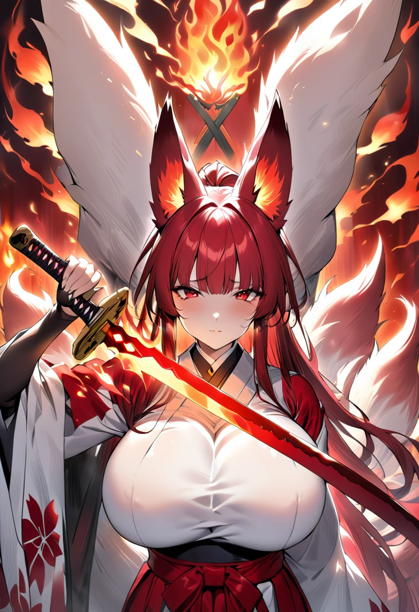 4K masterpiece High brightness crimson hair Very long ponytail Bangs down Mature woman Very large bust Huge breasts Exposed hakama Fox ears and nine fox tails of the same color as the hair Burning sword、Sword、He is wearing a five-fingered flame and is holding a Japanese sword.
