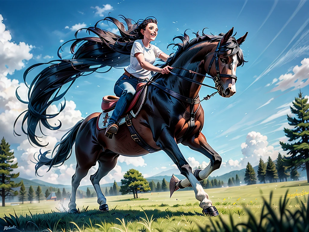 huge fat draft horse. Running cheerfully in grass meadow , contemporary art, Photorealistic , Very high resolution artwork , 8K ,  pine forest, bright blue sky. BBW Black african  rider.