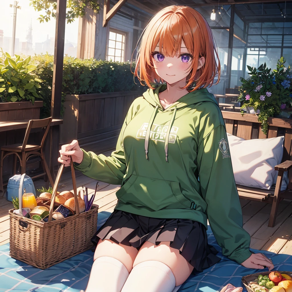 (Recall,food:1.3),(picnic:1.3),basket, Park with a view, Highest quality, grassland park, blue sky, hiking, Best image quality,Perfect Anatomy,masterpiece,Ultra-detailed,beautiful,super high quality, Highest quality,High resolution, Very detailed,Game CG,Dutch Angle ,beautiful細部までこだわった目,Visual Arts,Five Fingers, Perfect hands,Hide your hands, {{{One Girl}}}, beautiful詳細な女の子, Game CG, Spring flower, One curl on the outside, Short Bob Hair, Pastel orange hair, Purple eyes,Stylish accessories solo, breast enhancement, Medium Shoot, woman, Take-out, Laughter, huge ,,Pastel green checkered mini skirt,Black knee-highs, {{{{{Wearing a pastel green hoodie}}}}},Open your mouth, wonderful, beautiful細部までこだわった目, Highest quality, Very delicate,Masseter muscle area,Highest quality,(Official Art、Highest quality、Unity 8k wallpaper、32K、masterpiece、Ultra-detailed、超High resolution、Realistic、Photorealistic:1.2)、(Cinema Lighting:1.2)、Fire Glow Effect、The most grainy shadows on the film、Side light、Side Shot、(Ultra-detailedで複雑な3Dレンダリング)、Atelier Series, Multiple Girls．