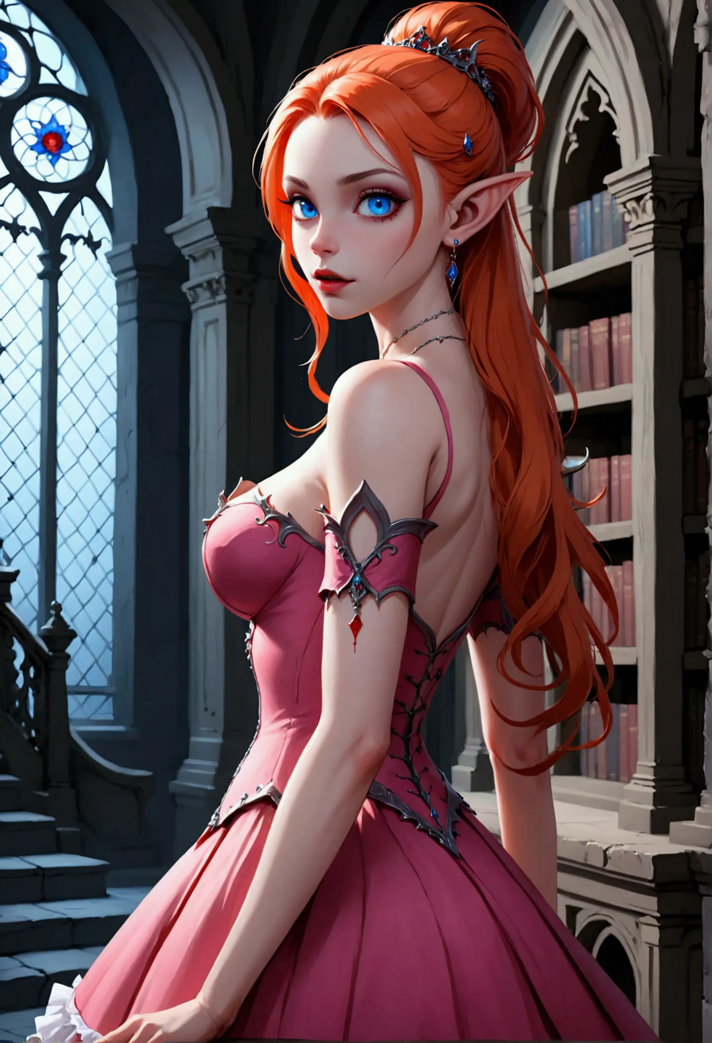 arafed a picture of elf vampire in her castle. an exquisite beautiful female elf vampire (ultra details, masterpiece, best quali...