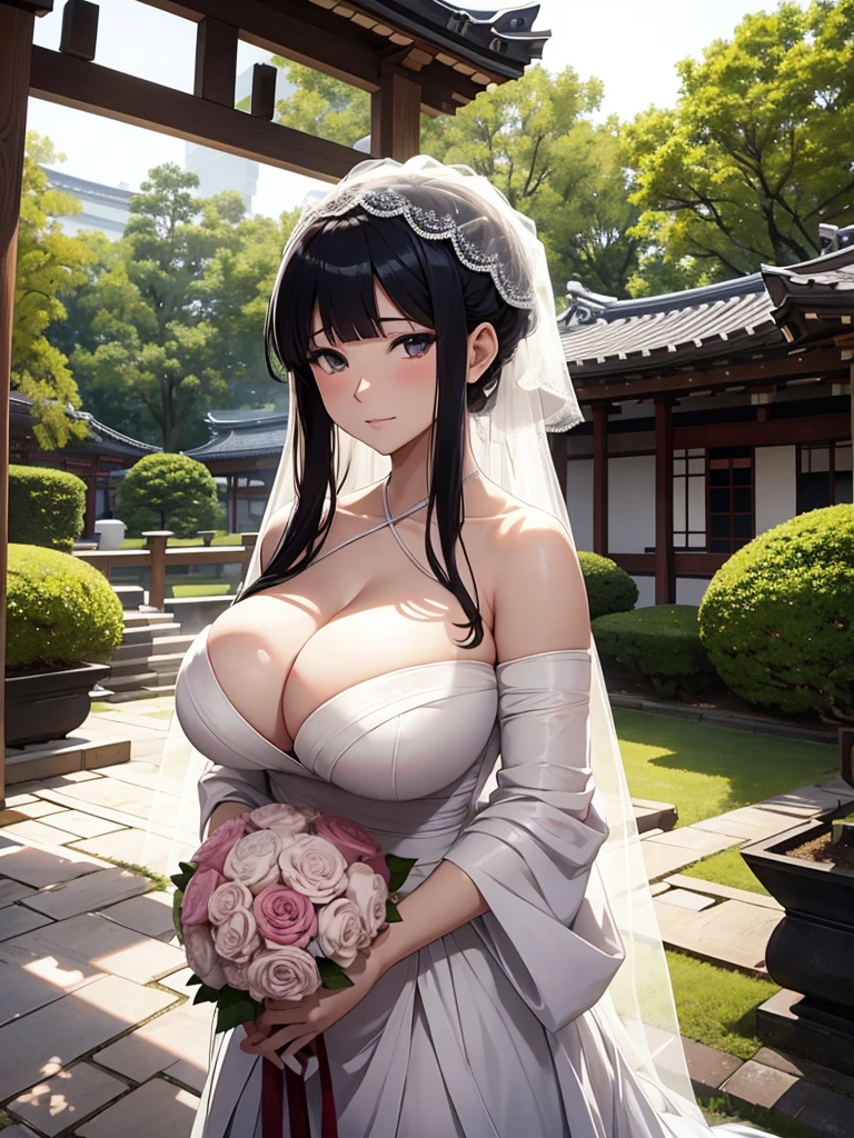 Hinata hyuga with huge breasts in a wedding dress with a huge veil neckline and bouquet in the courtyard of a Japanese temple 