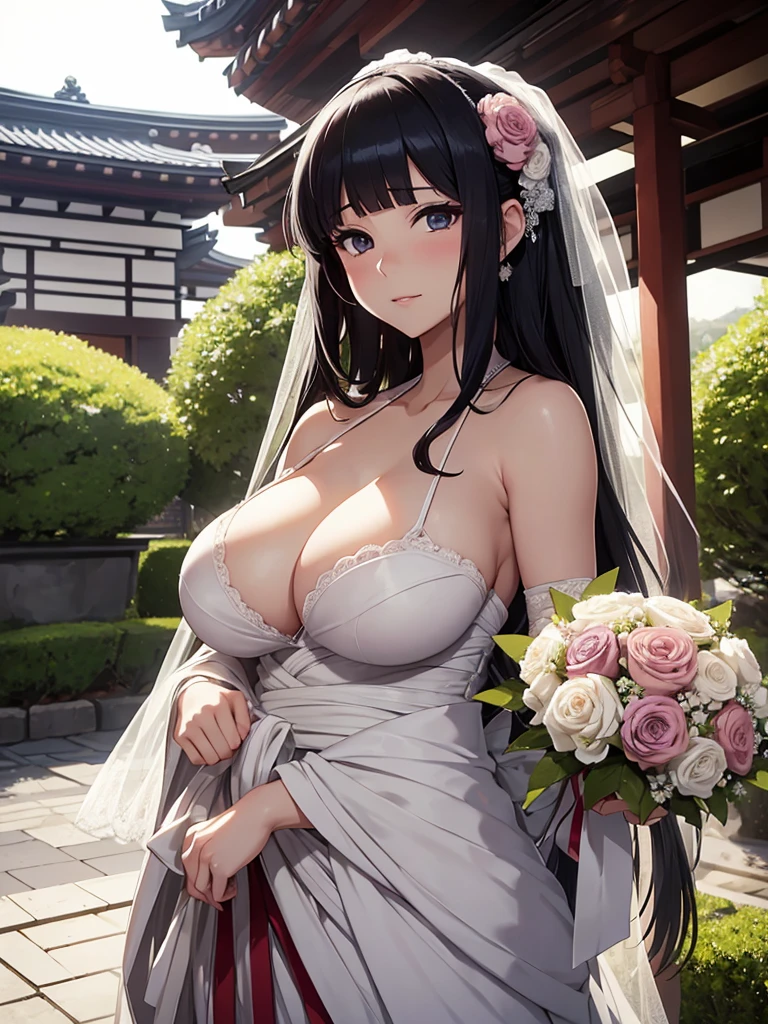 Hinata hyuga with huge breasts in a wedding dress with a huge veil neckline and bouquet in the courtyard of a Japanese temple 