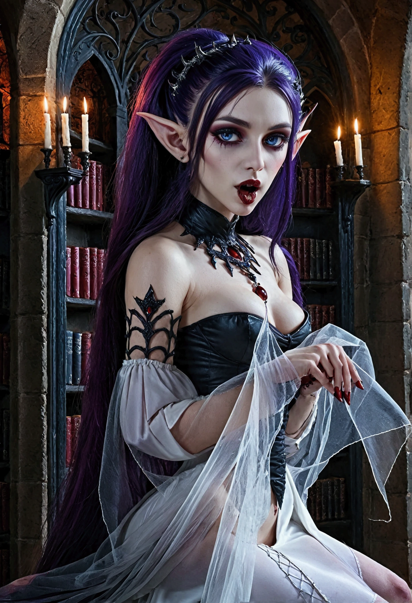 arafed a picture of elf vampire in her castle. an exquisite beautiful female elf vampire (ultra details, Masterpiece, best quality), full body, ((anatomically correct: 1.5) bloody mouth, purple hair, pale skin, hair in a ponytail, long hair, blue eyes, (small pointed ears: 1.2), cold eyes, smirking, wearing white dress (ultra details, Masterpiece, best quality), red cloak, wearing high heels, in dark fantasy library, book shelves, vibrant, Ultra-high resolution, High Contrast, (masterpiece:1.5), highest quality, Best aesthetics), best details, best quality, highres, ultra wide angle, 16k, [ultra detailed], masterpiece, best quality, (extremely detailed) RAW, dark fantasy art, gothic art, wearing Haute_Couture designer dress, Dark Novel, Dark Art Painting Style, dripping blood, hud_s1n, short black dress, long sleeves, veil, thighhighs, digital painting, Hyperrealism style