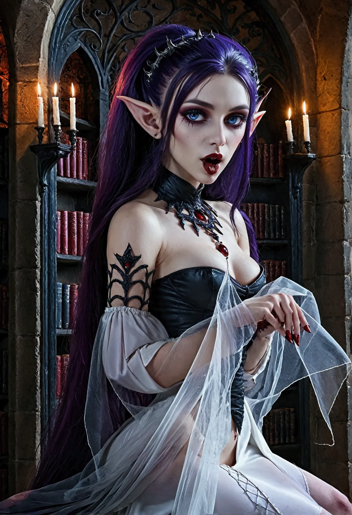 arafed a picture of elf vampire in her castle. an exquisite beautiful female elf vampire (ultra details, masterpiece, best quali...