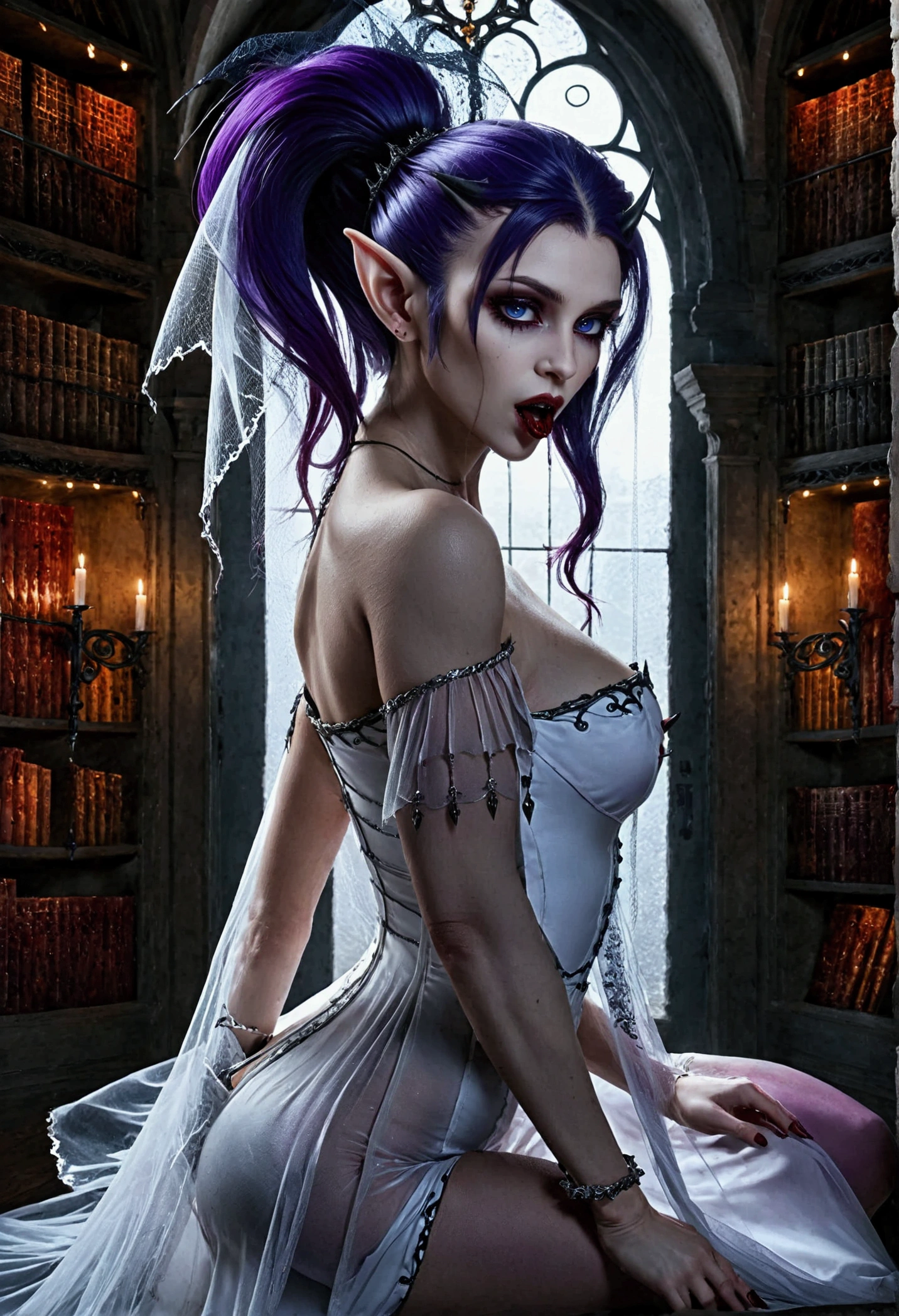 arafed a picture of elf vampire in her castle. an exquisite beautiful female elf vampire (ultra details, Masterpiece, best quality), full body, ((anatomically correct: 1.5) bloody mouth, purple hair, pale skin, hair in a ponytail, long hair, blue eyes, (small pointed ears: 1.2), cold eyes, smirking, wearing white dress (ultra details, Masterpiece, best quality), red cloak, wearing high heels, in dark fantasy library, book shelves, vibrant, Ultra-high resolution, High Contrast, (masterpiece:1.5), highest quality, Best aesthetics), best details, best quality, highres, ultra wide angle, 16k, [ultra detailed], masterpiece, best quality, (extremely detailed) RAW, dark fantasy art, gothic art, wearing Haute_Couture designer dress, Dark Novel, Dark Art Painting Style, dripping blood, hud_s1n, short black dress, long sleeves, veil, thighhighs, digital painting, Hyperrealism style