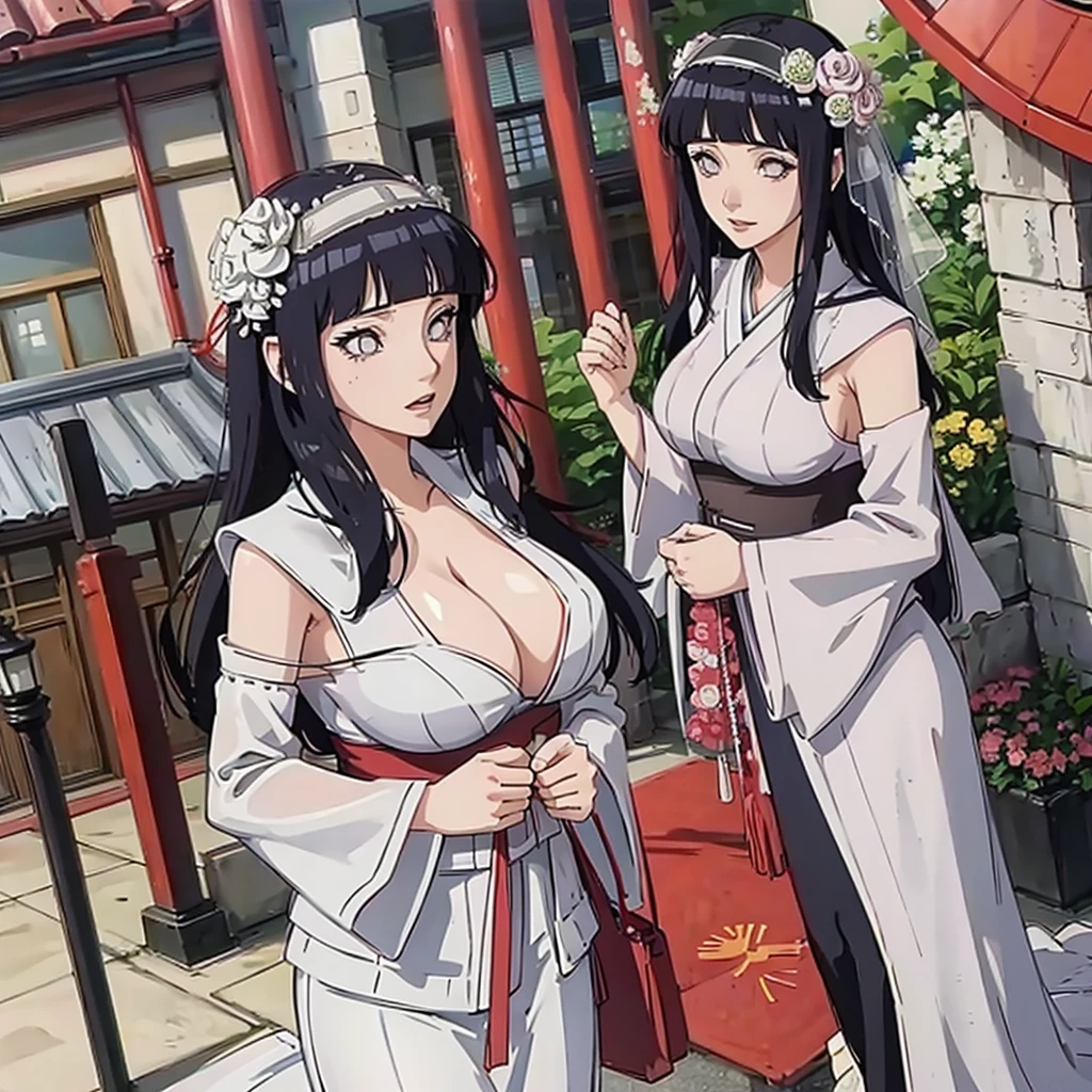 Hinata hyuga with huge breasts in a wedding dress with a huge veil neckline and bouquet in the courtyard of a Japanese temple 