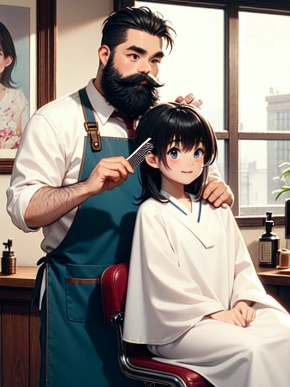 (((masterpiece))), (((Highest quality))), (((Half Body))), (((close))), ((Retro Barber Shop)), (((Two people))), ((Fat bearded man wearing an apron、Comes with a mini comb for combing your hair。)), ((A girl in a white cloth is sitting on a swivel chair)), window, mirror, Portrait poster, Faded red brick wall, , Black Hair, Long Hair, bangs, big ,  shape, ((night)), (((Twilight))),