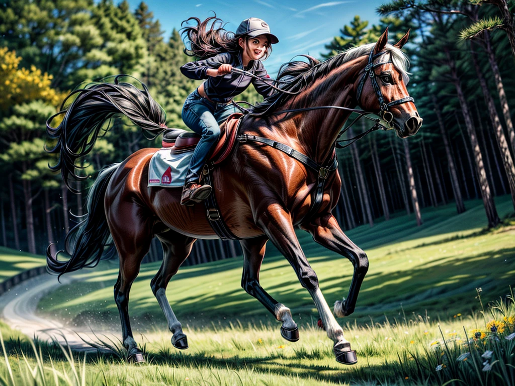 huge fat draft horse. Running cheerfully in grass meadow , contemporary art, Photorealistic , Very high resolution artwork , 8K ,  pine forest, bright blue sky. BBW Black african  rider.