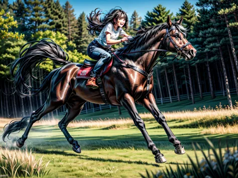 huge fat black shire  horse. running cheerfully in grass meadow , contemporary art, photorealistic , very high resolution artwor...