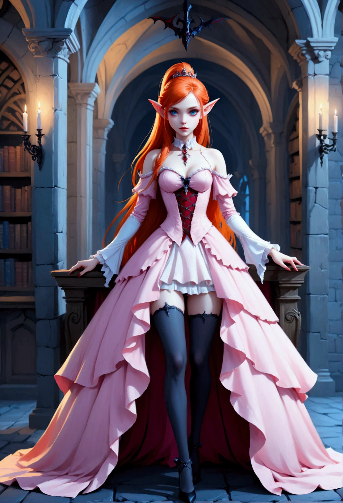 arafed a picture of elf vampire in her castle. an exquisite beautiful female elf vampire (ultra details, Masterpiece, best quality), full body, ((anatomically correct: 1.5) bloody mouth, orange hair, pale skin, hair in a ponytail, long hair, blue eyes, (small pointed ears: 1.2), cold eyes, smirking, wearing pink dress (ultra details, Masterpiece, best quality), red cloak, wearing high heels, in dark fantasy library, book shelves, vibrant, Ultra-high resolution, High Contrast, (masterpiece:1.5), highest quality, Best aesthetics), best details, best quality, highres, ultra wide angle, 16k, [ultra detailed], masterpiece, best quality, (extremely detailed) RAW, dark fantasy art, gothic art, wearing Haute_Couture designer dress, Dark Novel, Dark Art Painting Style, dripping blood, hud_s1n, short black dress, long sleeves, veil, thighhighs, digital painting, Bloodborne