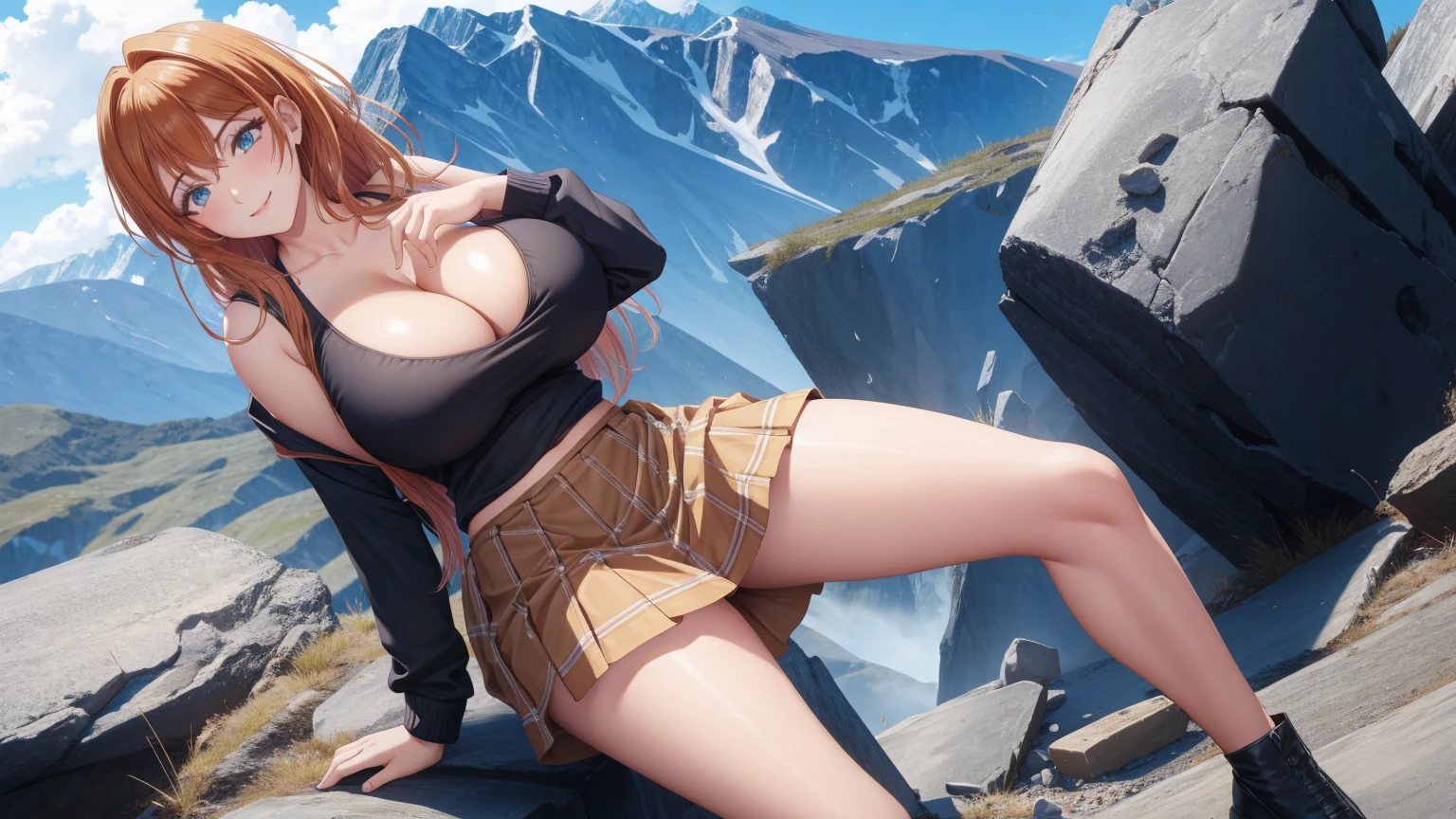 1 girl, very big breasts, very sexy body, 1 girl in, a smile, looks at the viewer, black shirt, super short white school miniskirt, full body, giant breasts, cleavage, giant breasts, heels, background in the mountains 1 girl , with big breasts. long legs QUEEN huge tits, (cleavage), high legs, (standing), sexy and muscular body. short skirt.4k hd