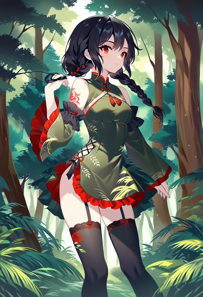 BREAK Perfect Anatomy、(High resolution:1.2)、Incredible illustrations、(Cute illustrations:1.2)、() （Beautiful background(forest)) 1 girl(Black hair, long hair, single braid, red eyes,tattoos, )(young adult woman:2.0)
Long ruffled sleeves, yellow and black jiangshi cheongsam dress, garter stockings