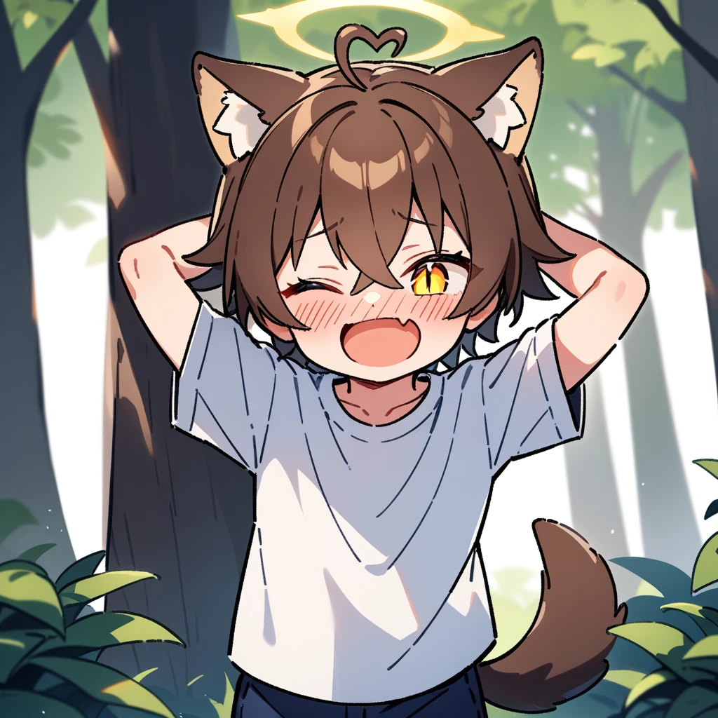 （masterpiece：1.2，high quality），4K，High resolution，A seven-year-old boy，cute boy， brown hair，short hair，crossed bangs，yellow eyes，slit pupils，one eye closed，heart ahoge，yellow halo，cat ears，full-face blush，laughing，skin fang，Wearing a white shirt，dark blue shorts，Stand in the forest，There are flowering trees on both sides.，primary school student，thigh，alone，dog tail，Put your hands behind your head，（Put your hands behind your head）