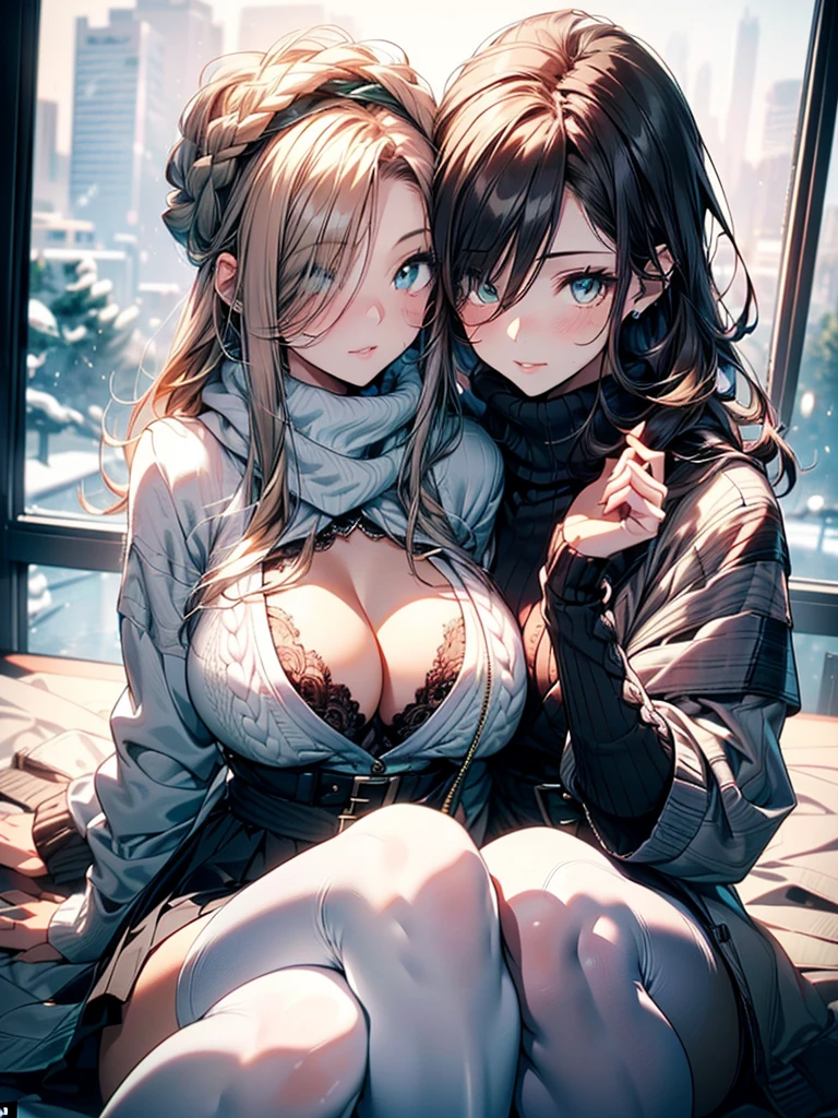 ((2 girls:1.5, playing around in snowy field in forest:1.37, sitting)), Nordic, ((matured girl wearing Sexy white outfits:1.3, cable knit sweater:1.3, close-up chest:1.37, seducing sexually:1.3)), a matured woman with long hair and a white outfit, white winter coat with bore, knit scarf, green ribbon, knee length long boots, white and green winter outfits, wearing dark green pleated skirt:1.3, full bodyesbian, fine details, beautiful anime illustration, 26 years old, BREAK, ((milf:1.5, solo:1.5)), (sfw:1.25), (sagging breast, fuge breasts, big tits, thin waist, big ass:1.2), Raised sexy, (dark mahogany medium short hair, updo, hair over one eye, asymmetric hair, Carly hair, low tied braid, musulman, white Headscarfs, hair bands, head vandage, Turban), (ultra high resolution, 8K RAW photo, photo realistics, thin outline:1.3, clear focus, best qualtiy, natural lighting, textile shading, blurry back ground, depth of field, bokeh, (bright shiny pupils:1.2, fine detailed beautiful eyes with highlight:1.3, super detailed eyes, high detailed face), Red lip, fine realistic skins:1.1, looking at viewers:1.3, (dynamic angle:1.3, crotch focus:1.3, from below:1.4), (multi posing:0.0, sexy pose:1.3, sitting with opening legs shaped M:1.5), (seductive, sexy smile with:1.4), centered image:0.2, (wearing white long coat with bore and clothes:1.1, bare breast:1.2), gold ornaments, rolling red clothes around waist, dark brown long leather boots:1.3, translucent lace pantyhose), (((correct anatomy:1.5))), ((perfect hands:1.5, ideal ratio body proportions:1.37)), (in a night:1.3), outdoors:1.6, under starry sky:1.2,