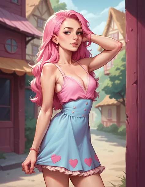 stephanie, lazy town, with pink hair and a pink wig, stripped dress, realistic