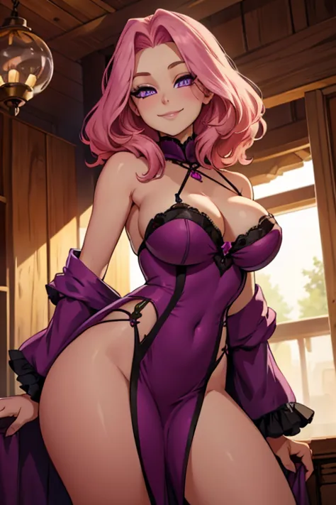 Perfect face. Perfect hands. A pink haired woman with violet eyes and and hourglass figure in a saloon girls dress is smiling in...