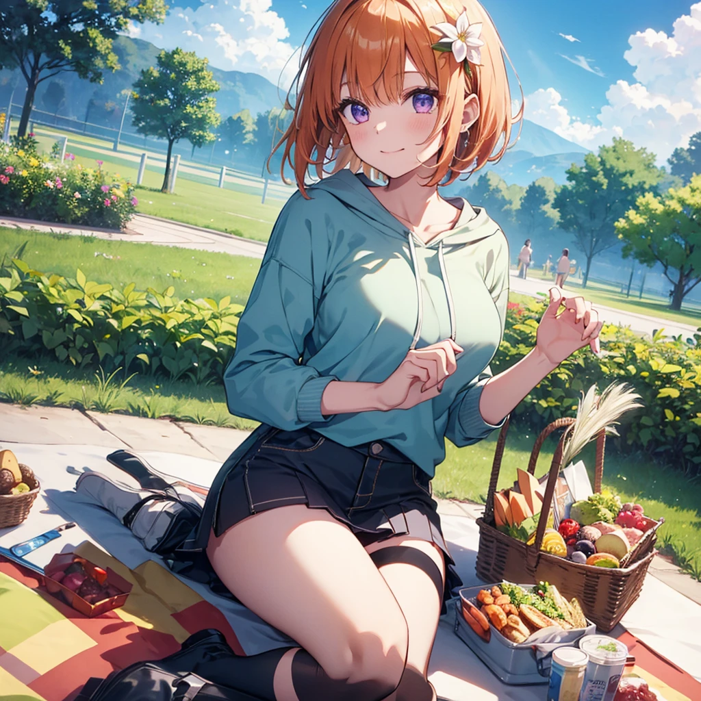 (Recall,food:1.3),(picnic:1.3),basket, Park with a view, Highest quality, grassland park, blue sky, hiking, Best image quality,Perfect Anatomy,masterpiece,Ultra-detailed,beautiful,super high quality, Highest quality,High resolution, Very detailed,Game CG,Dutch Angle ,beautiful細部までこだわった目,Visual Arts,Five Fingers, Perfect hands,Hide your hands, {{{One Girl}}}, beautiful詳細な女の子, Game CG, Spring flower, One curl on the outside, Short Bob Hair, Pastel orange hair, Purple eyes,Stylish accessories solo, breast enhancement, Medium Shoot, woman, Take-out, Laughter, huge ,,Pastel green checkered mini skirt,Black knee-highs, {{{{{Wearing a pastel green hoodie}}}}},Open your mouth, wonderful, beautiful細部までこだわった目, Highest quality, Very delicate,Masseter muscle area,Highest quality,(Official Art、Highest quality、Unity 8k wallpaper、32K、masterpiece、Ultra-detailed、超High resolution、Realistic、Photorealistic:1.2)、(Cinema Lighting:1.2)、Fire Glow Effect、The most grainy shadows on the film、Side light、Side Shot、(Ultra-detailedで複雑な3Dレンダリング)、Atelier Series, Multiple Girls．