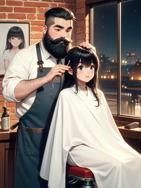 (((masterpiece))), (((highest quality))), (((half body))), (((close))), ((retro barber shop)), ((two people)), (fat bearded man ...