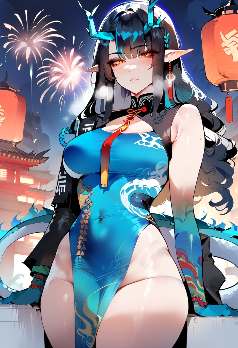 1girl, dusk \(arknights\), arknights,(masterpiece, best quality), newest, ,turquoise chinese dress, original outfit, , by nyantcha, black hair, horns, by omone hokoma agm, dragon tail, night, fireworks, orange eyes,, 