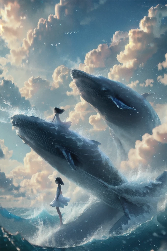 Shuel Big Whale, One girl, cloud, null, alone, Outdoor, dress, water, Ocean, Long Hair, Wave, scenery, white dress, Holding, Day, cloudy null, Black Hair, Are standing
