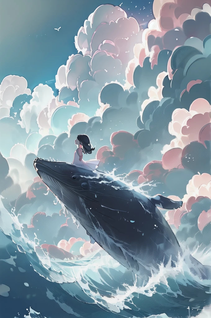 Shuel Big Whale, One girl, cloud, null, alone, Outdoor, dress, water, Ocean, Long Hair, Wave, scenery, white dress, Holding, Day, cloudy null, Black Hair, Are standing
