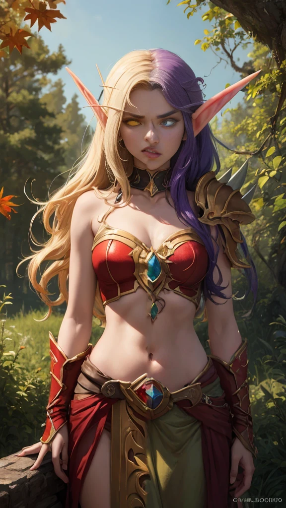 (Masterpiece, highly detailed, highly quality,  highly resolutions), SplitScreen, split screen, BREAK nightelf, angry, clenched teeth, glowing eyes, blue eyes, Purple Hair, colored skin, mature female, purple midriff, navel, purple spike shoulder pad, platinum trim, green leaves, jewelry, looking at viewer, forest, night, bare shoulders, spring season