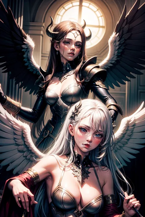 ((highest quality)), ((masterpiece)), (detailed), angel and devil facing each other、wing