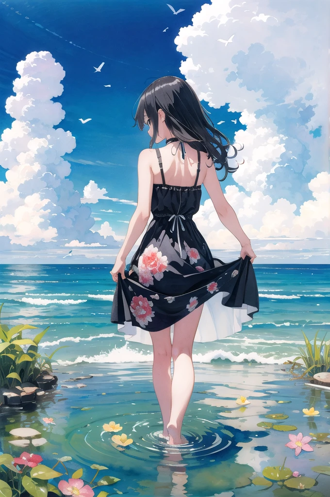 masterpiece, best quality, absurdres, illustration, watercolor, 1girl, solo, long hair, black hair, dress, skirt hold, wading, sleeveless, barefoot, bare shoulders, standing, from behind, outdoors, cloud, sky, bird, water, rainbow,