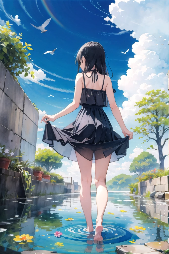 masterpiece, best quality, absurdres, illustration, watercolor, 1girl, solo, long hair, black hair, dress, skirt hold, wading, sleeveless, barefoot, bare shoulders, standing, from behind, outdoors, cloud, sky, bird, water, rainbow,