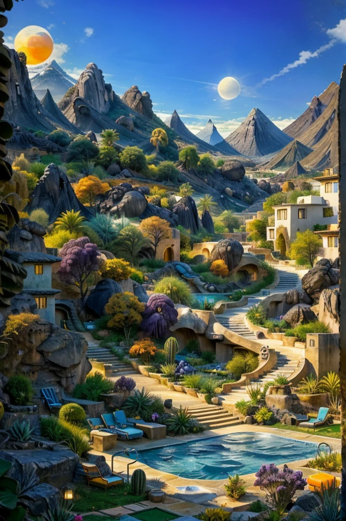 Multiple houses, brutalism style, Luis Barragán, Mountains in background, river, pool, terraces, stairs, garden terraces, trees, beautiful clouds, moon, sun, detailed, cacti, boulders, volcanic rocks, fuggy, Violet, orange, olive green, blue, magenta, amazing volcano in horizont, beautiful garden design