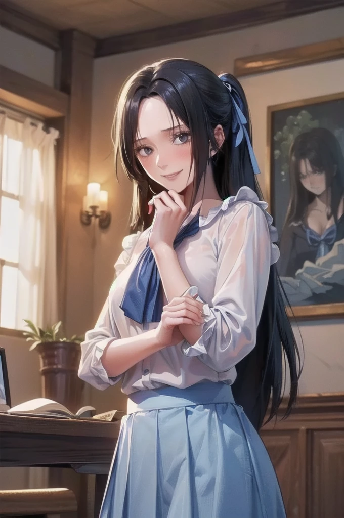 Masterpiece, Top Quality, High Resolution, Very Detailed, Detailed Background,(Fraulem Chrome, (Black Hair, Semi-Long Hair, Blue Ribbon in Ponytail),(White Blouse, Blue Short Ribbon Tie, Blue Long Skirt), Small, Neat, Black Eyes,Studying, Gentle Smile), Scaled Out, Chic Study, Vase