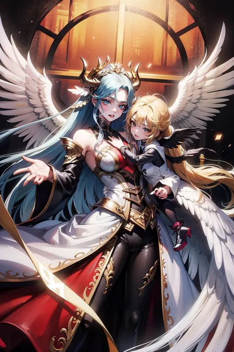 ((highest quality)), ((masterpiece)), (detailed), angel and devil facing each other、wing