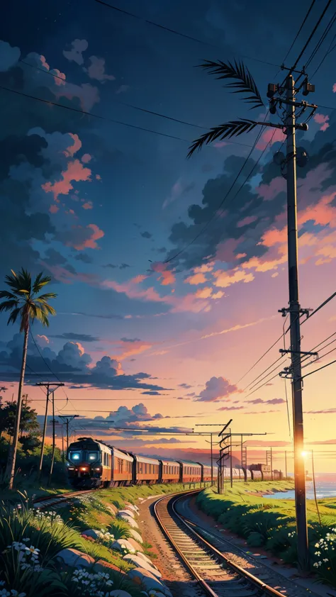 (masterpiece:1), (full anime view:1.5), (train trundles along the coastal tracks:1.6), (Lush palm trees sway in harmony:1.3), si...