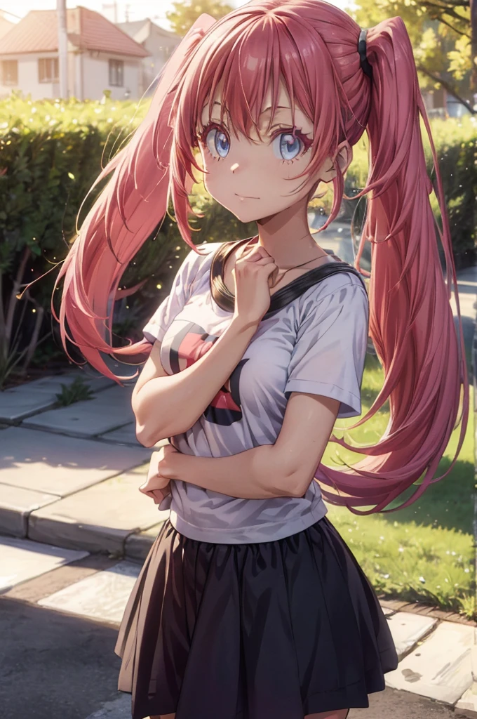 masterpiece, best quality, extremely detailed CG unity 8k wallpaper, Digital art of Milim Nava from the anime Tensura, Cute Girls, long hair with pink twin tails, Big eyes, Blue Eyes, Shining pupils, Pink lashes, Oversized T-shirt,  The background is the prairie, Lens flare, Cinema lighting, Bright light, Daytime, Light of the sun