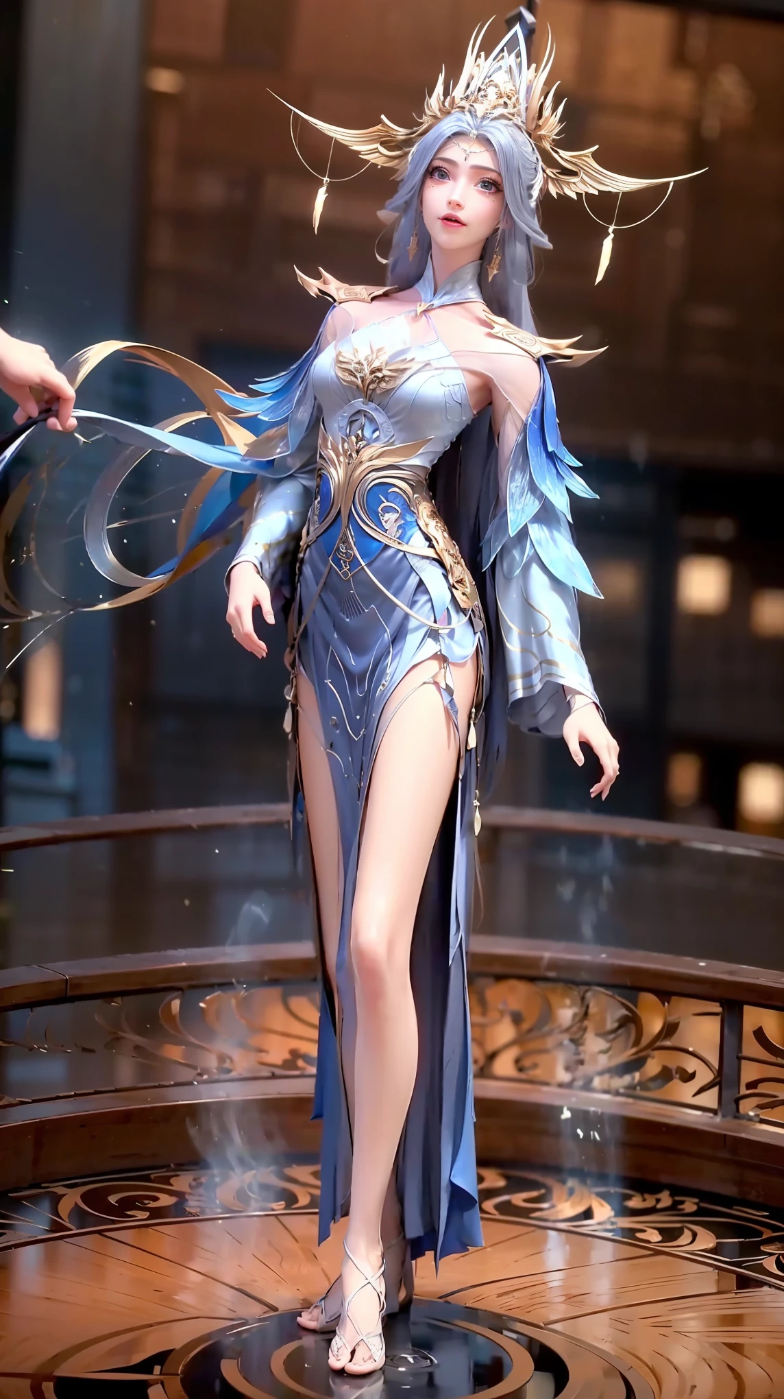 ((Biologically correct number of limbs))、(( Full body portrait（Including the face）))、4K、masterpiece、((Face Focused))、((Symmetrical facial features))、The description of the eyes is very detailed.、Beautiful woman、Outstanding style、Beautiful arms、Beautiful legs、Beautiful hands、(Slim)、Facial details、Small earrings、necklace、(White with luster、Shiny Dress、barefoot、Radiant Skin）Smile、（Beautiful legsのアップ）、Sweat，Starry Sky，Starry Sky背景，In-depth view，Above the water